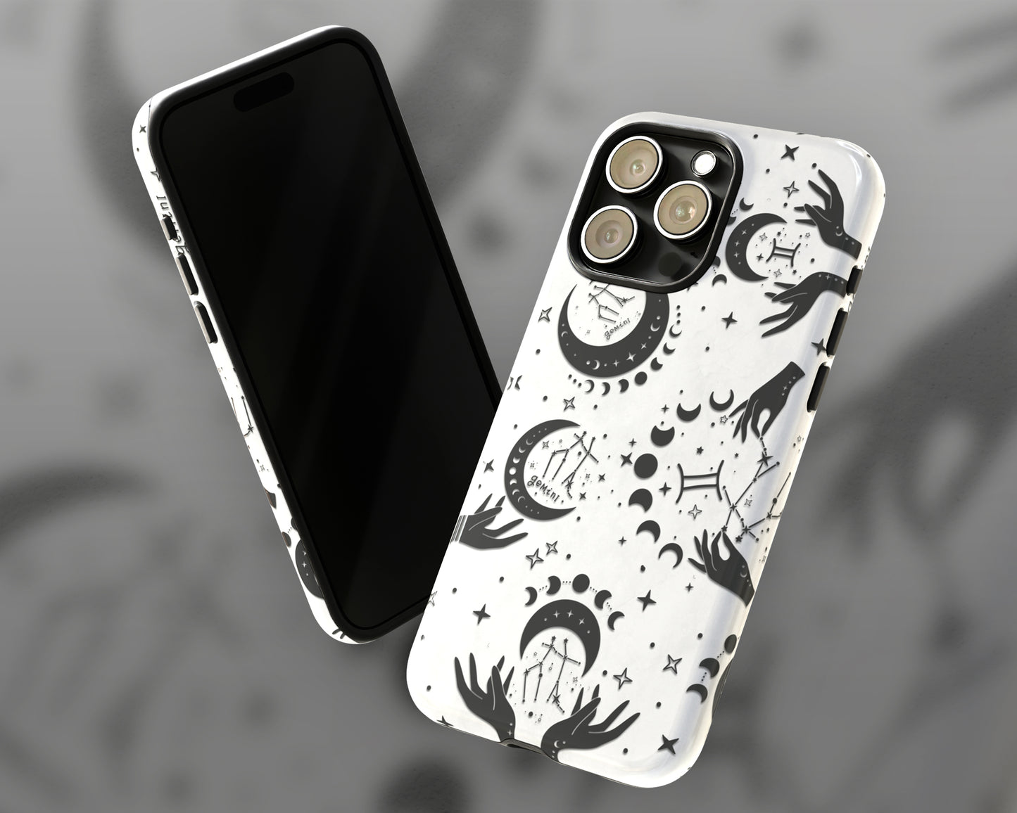 Gemini Zodiac sign black celestial symbols on white background iPhone case