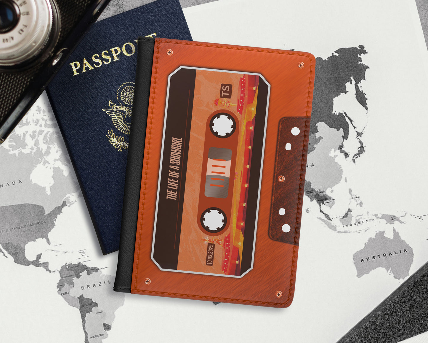 Life of Showgirl era cassette tape passport cover