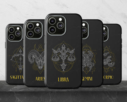 Aries Zodiac sign golden line art black marble iPhone case