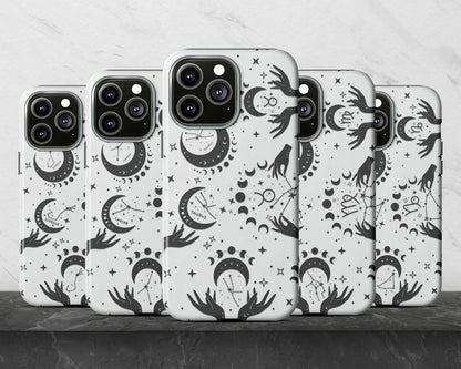Leo Zodiac sign black celestial symbols on white background iPhone case