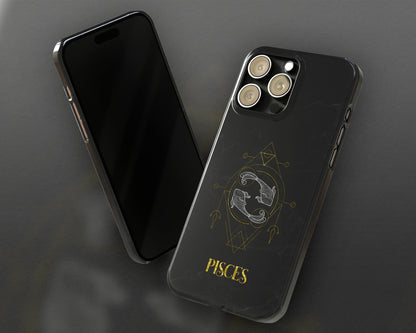 Pisces Zodiac sign golden line art black marble iPhone case