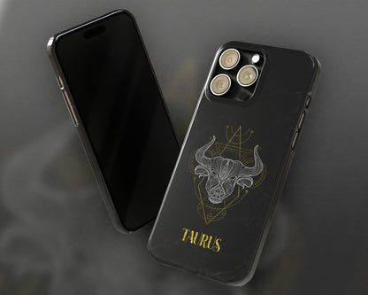 Taurus Zodiac sign golden line art black marble iPhone case