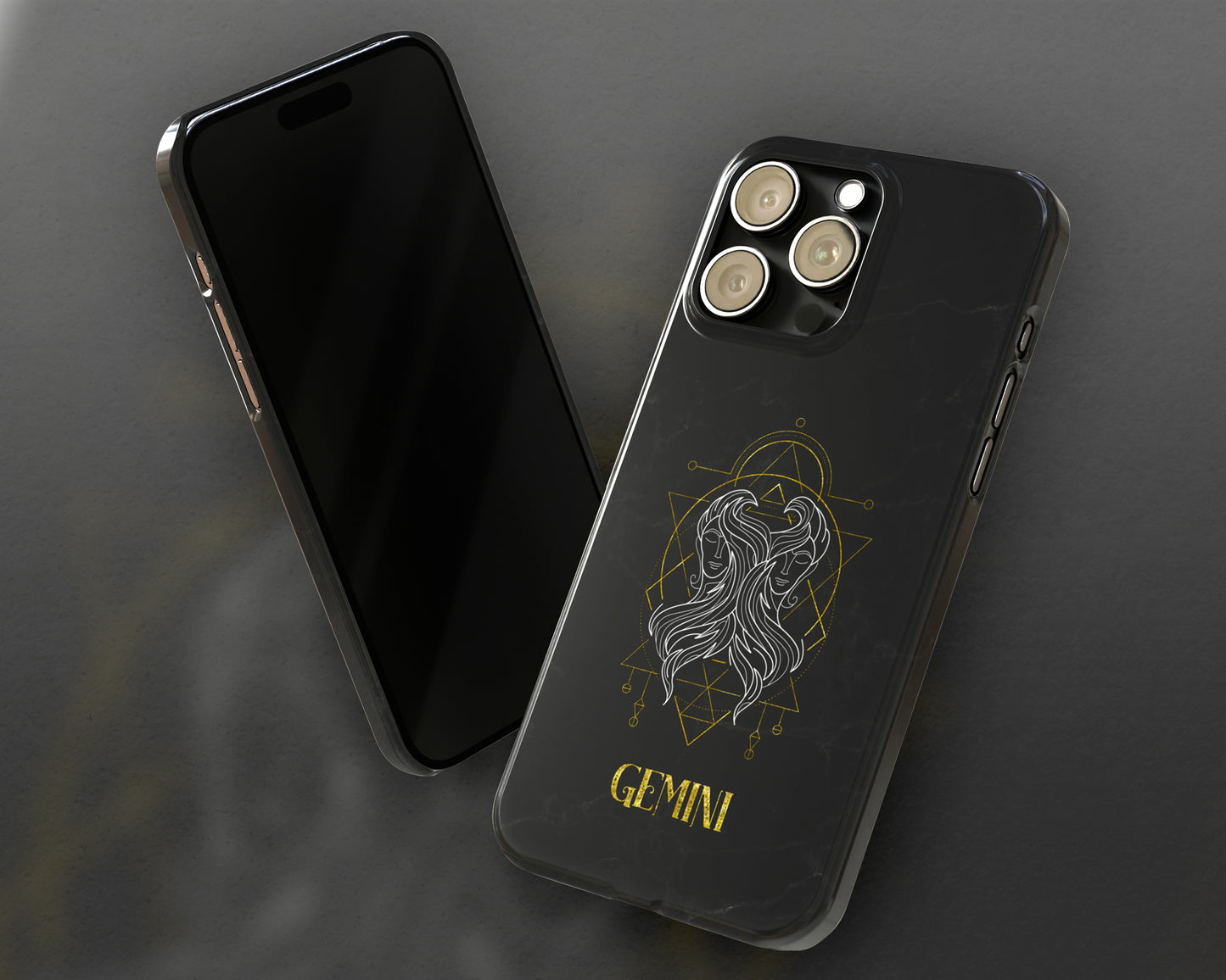 Gemini Zodiac sign golden line art black marble iPhone case