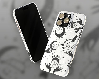 Leo Zodiac sign black celestial symbols on white background iPhone case