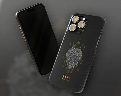 Leo Zodiac sign golden line art black marble iPhone case