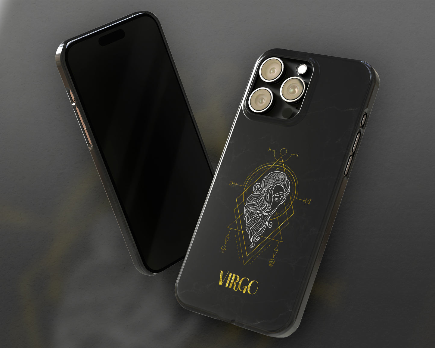 Virgo Zodiac sign golden line art black marble iPhone case