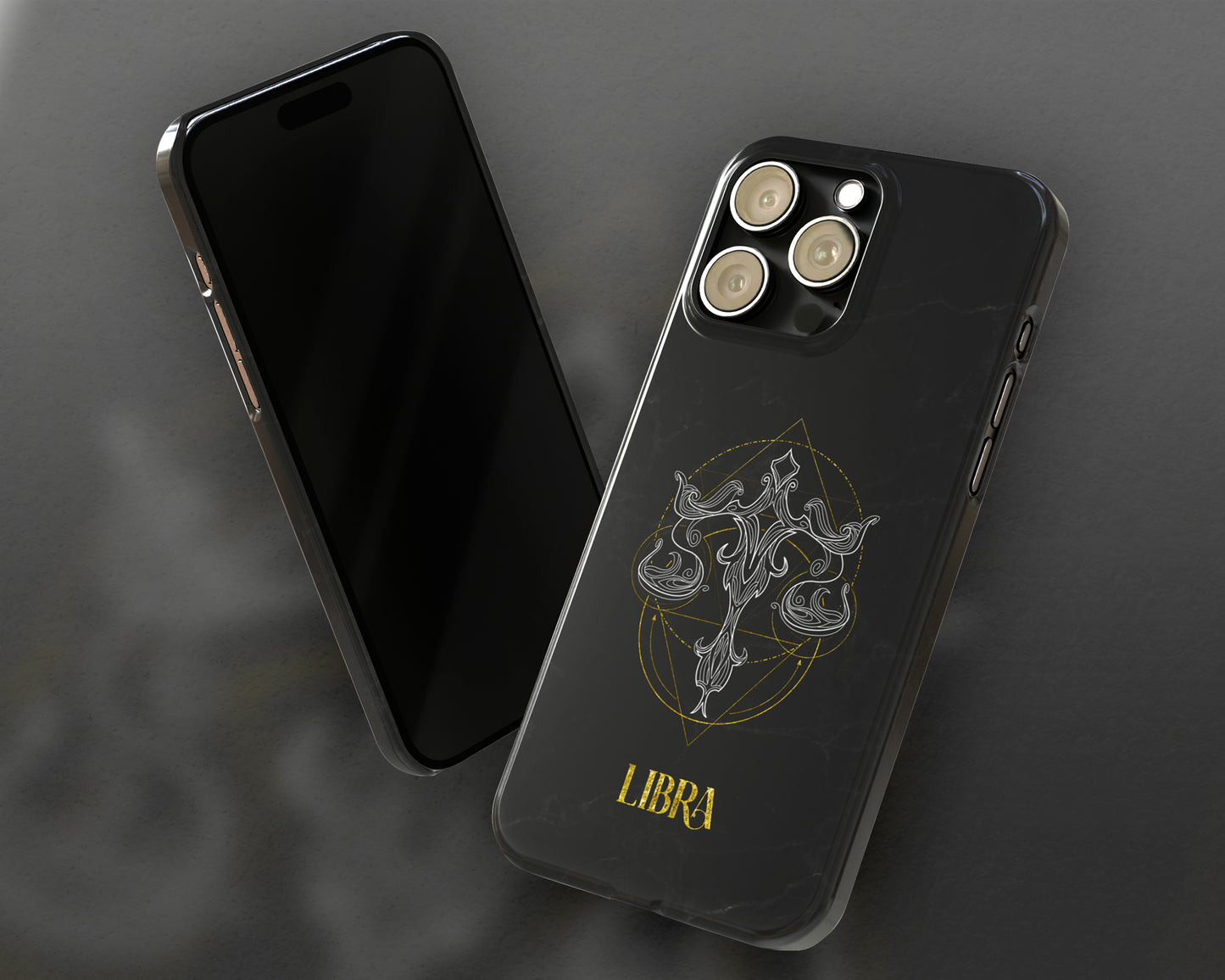 Libra Zodiac sign golden line art black marble iPhone case