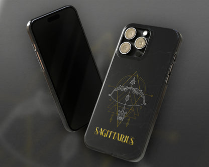 Sagittarius Zodiac sign golden line art black marble iPhone case