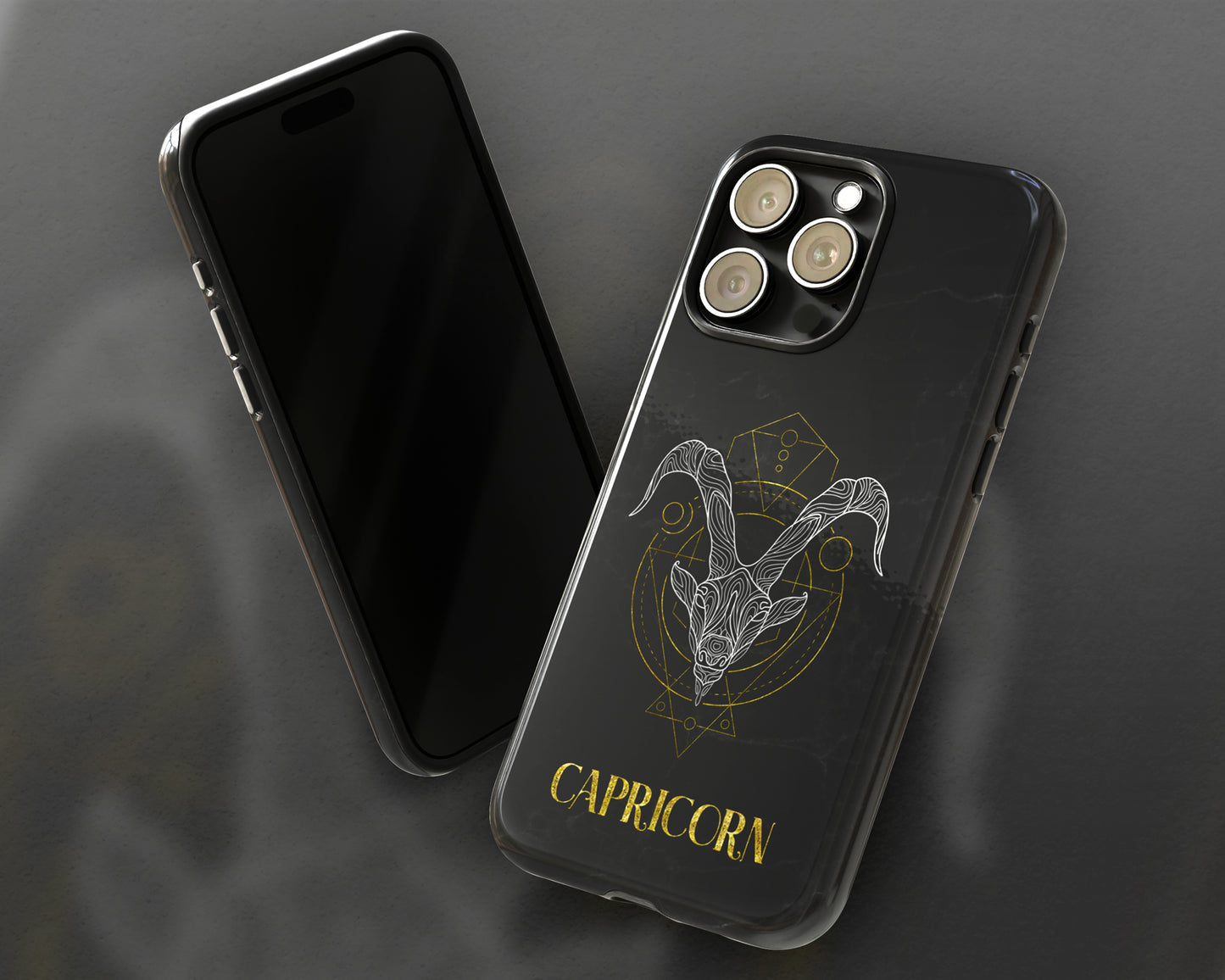 Capricorn Zodiac sign golden line art black marble iPhone case