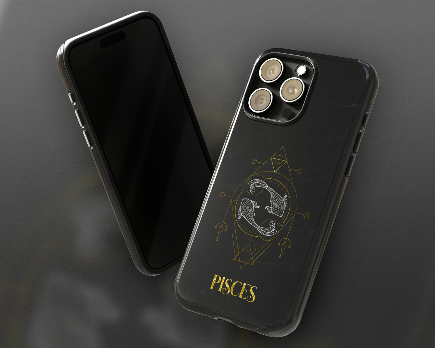 Pisces Zodiac sign golden line art black marble iPhone case