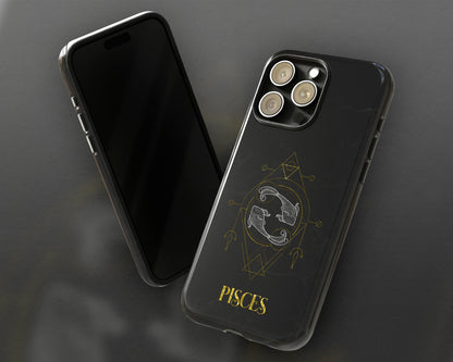 Pisces Zodiac sign golden line art black marble iPhone case