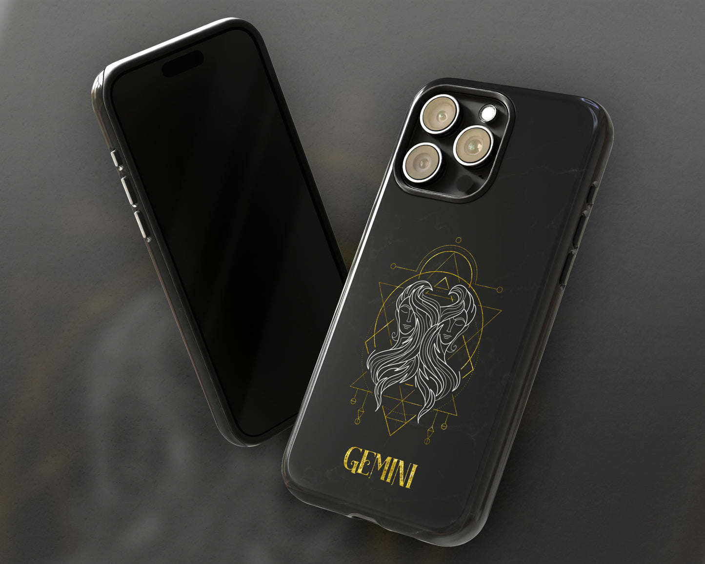 Gemini Zodiac sign golden line art black marble iPhone case