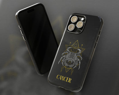Cancer Zodiac sign golden line art black marble iPhone case