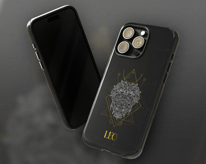 Leo Zodiac sign golden line art black marble iPhone case