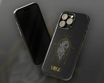 Virgo Zodiac sign golden line art black marble iPhone case