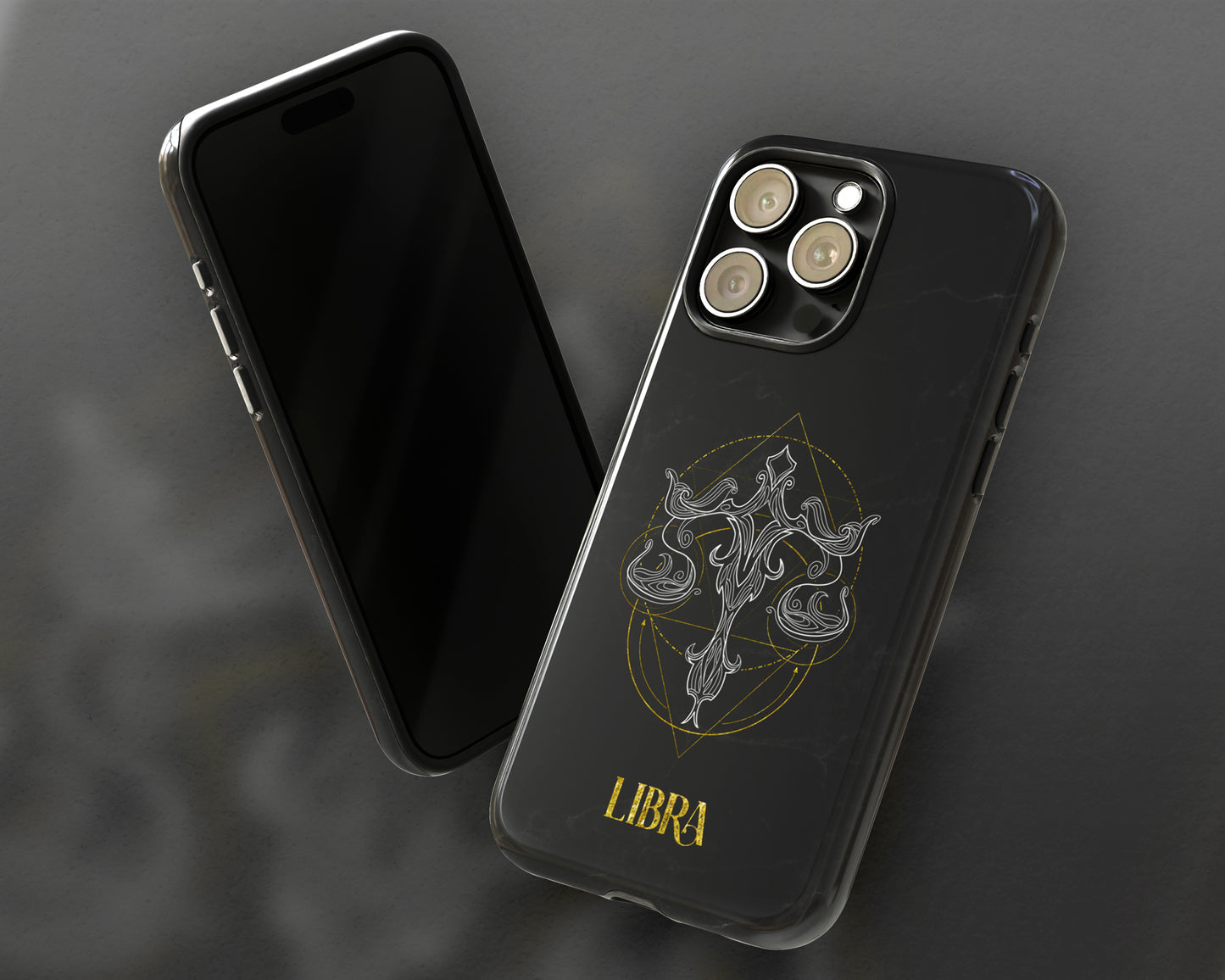 Libra Zodiac sign golden line art black marble iPhone case