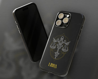 Libra Zodiac sign golden line art black marble iPhone case