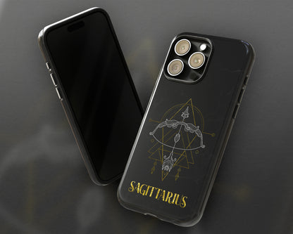 Sagittarius Zodiac sign golden line art black marble iPhone case