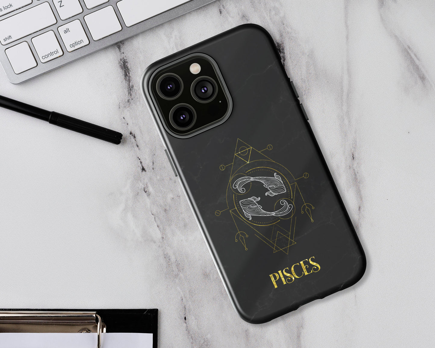 Pisces Zodiac sign golden line art black marble iPhone case