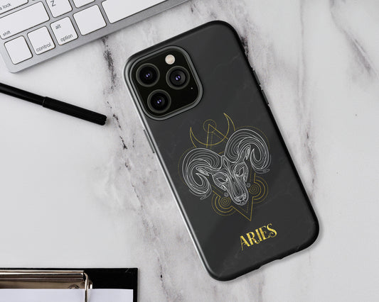 Aries Zodiac sign golden line art black marble iPhone case