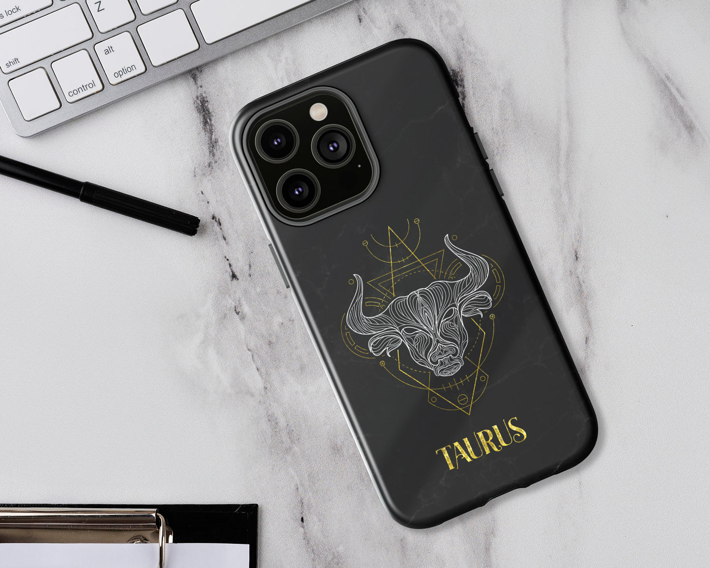 Taurus Zodiac sign golden line art black marble iPhone case