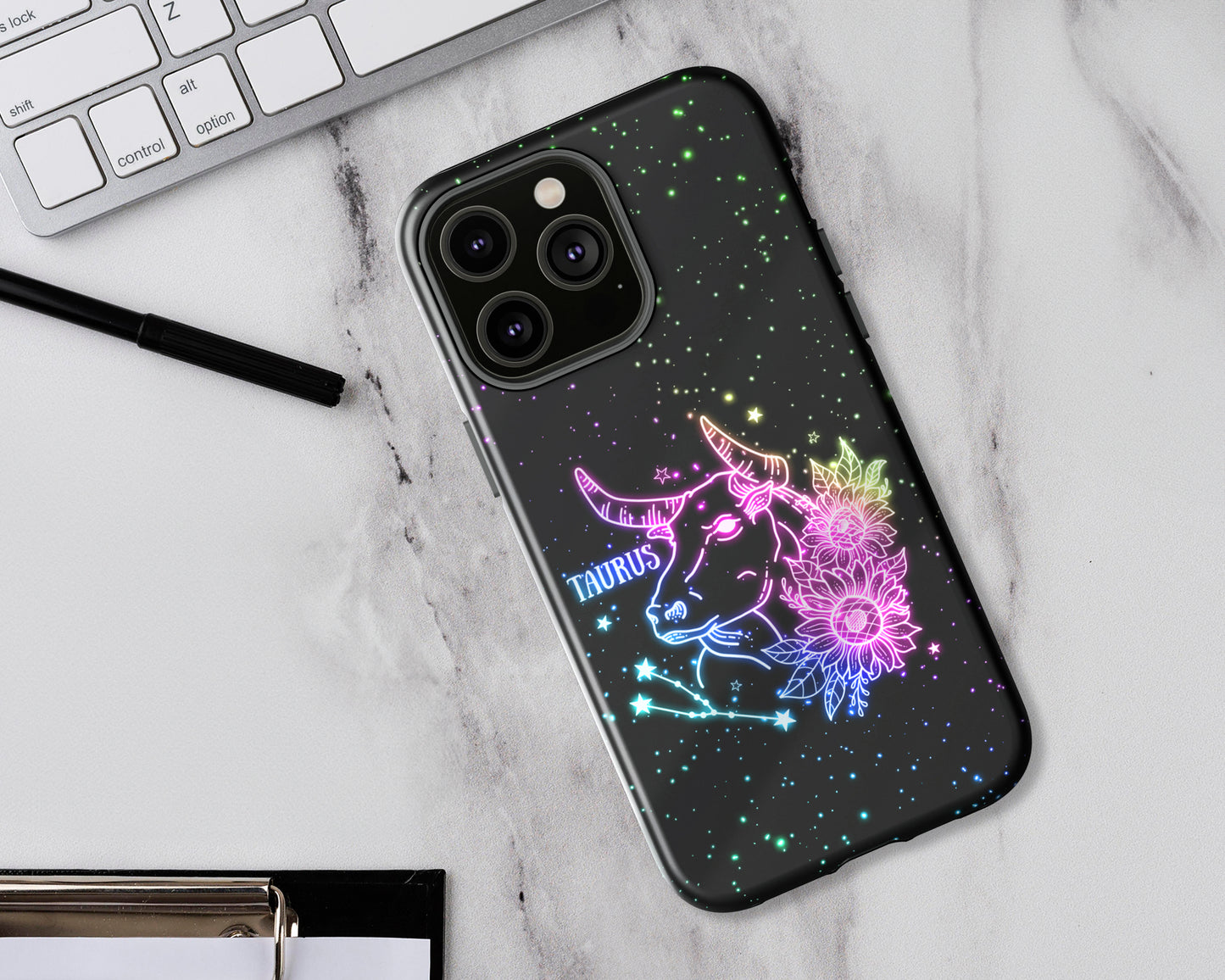 Taurus Zodiac sign glowing starry sky iPhone case