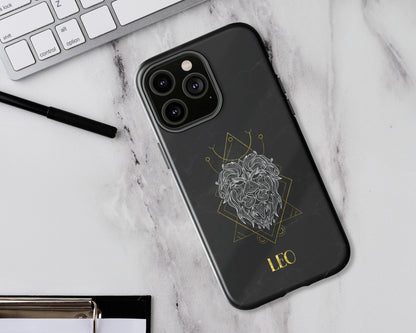 Leo Zodiac sign golden line art black marble iPhone case