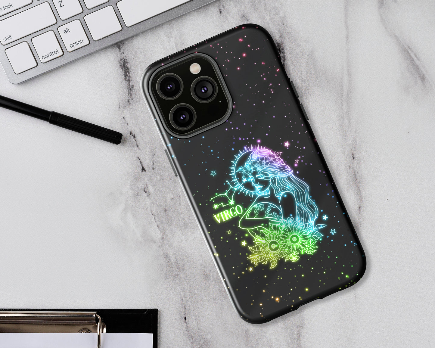 Virgo Zodiac sign glowing starry sky iPhone case