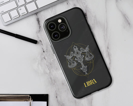 Libra Zodiac sign golden line art black marble iPhone case
