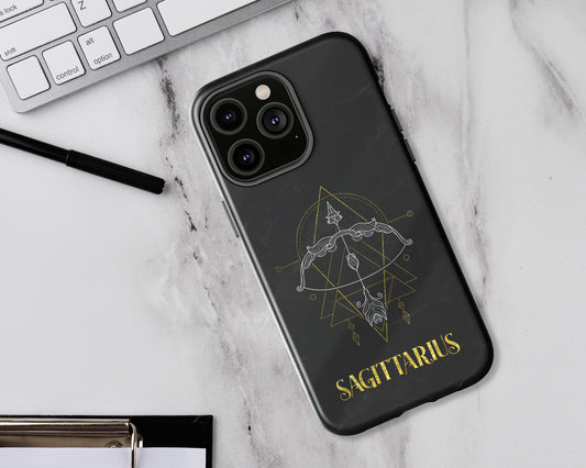 Sagittarius Zodiac sign golden line art black marble iPhone case