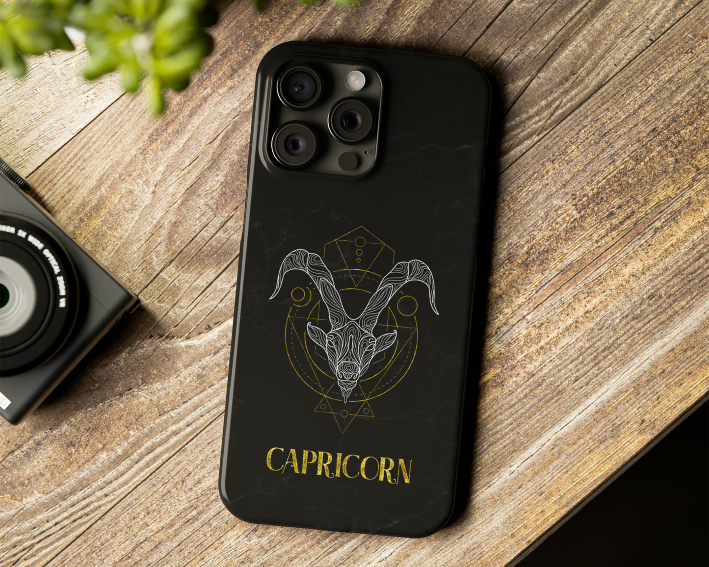Capricorn Zodiac sign golden line art black marble iPhone case
