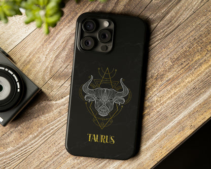 Taurus Zodiac sign golden line art black marble iPhone case