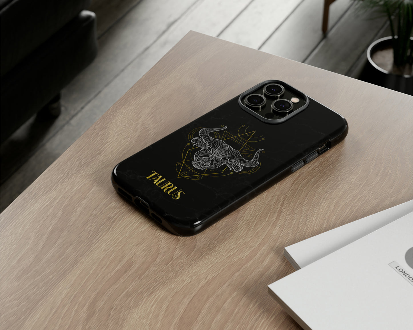 Taurus Zodiac sign golden line art black marble iPhone case