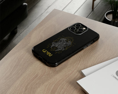 Gemini Zodiac sign golden line art black marble iPhone case