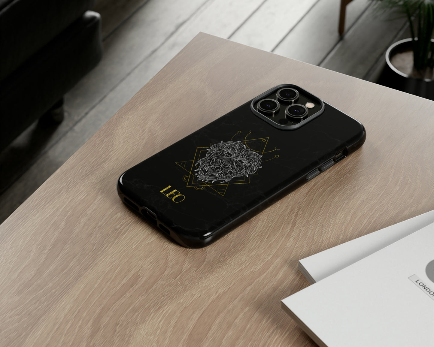 Leo Zodiac sign golden line art black marble iPhone case