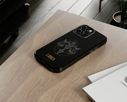 Libra Zodiac sign golden line art black marble iPhone case