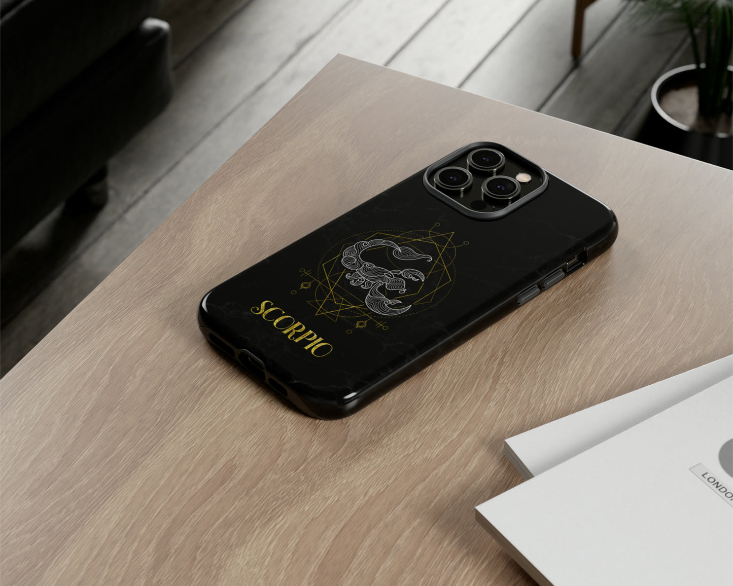 Scorpio Zodiac sign golden line art black marble iPhone case