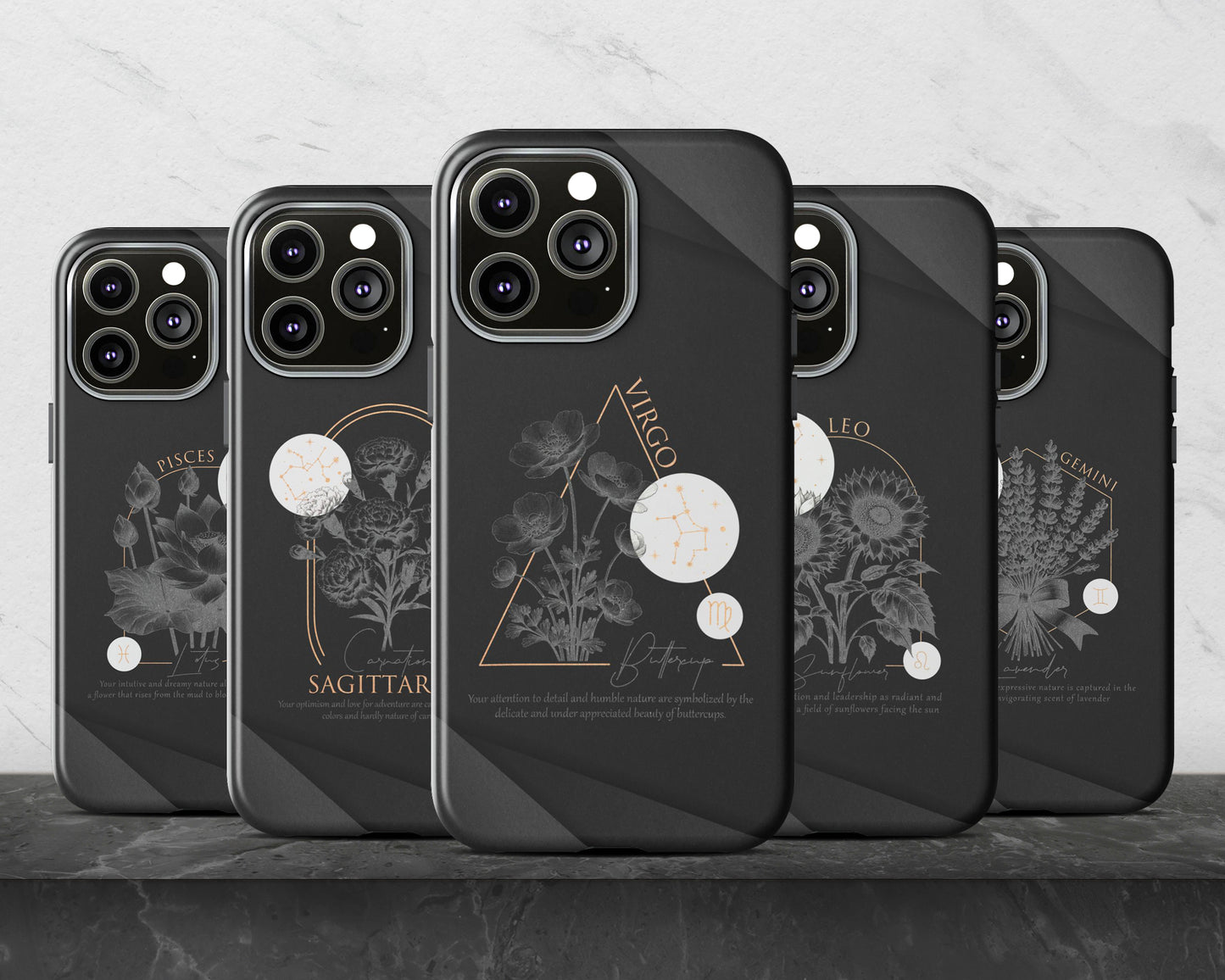 Libra Zodiac sign birth flowers on black papers iPhone case