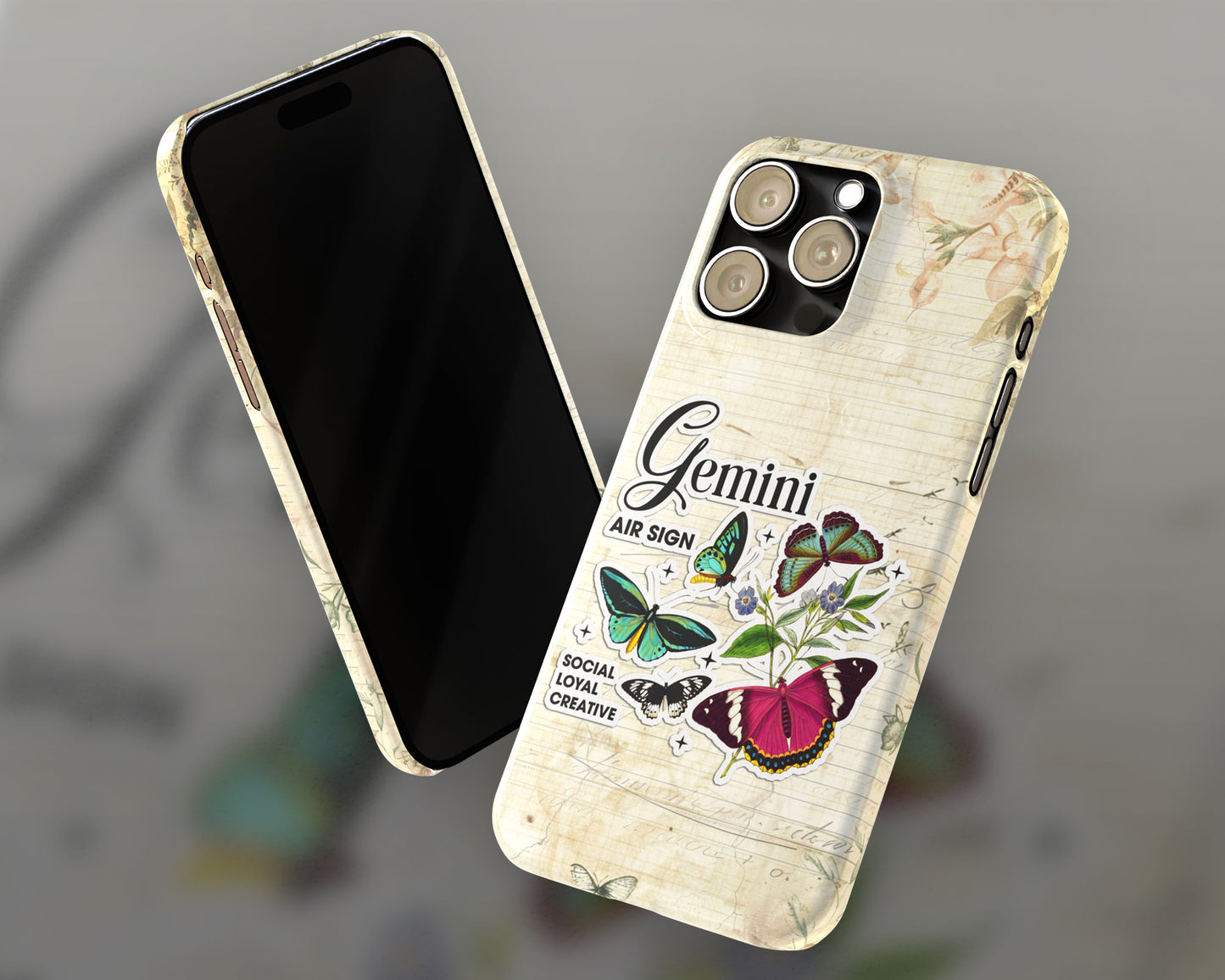 Gemini Zodiac sign vintage scrapbook with butterfly stickers iPhone case