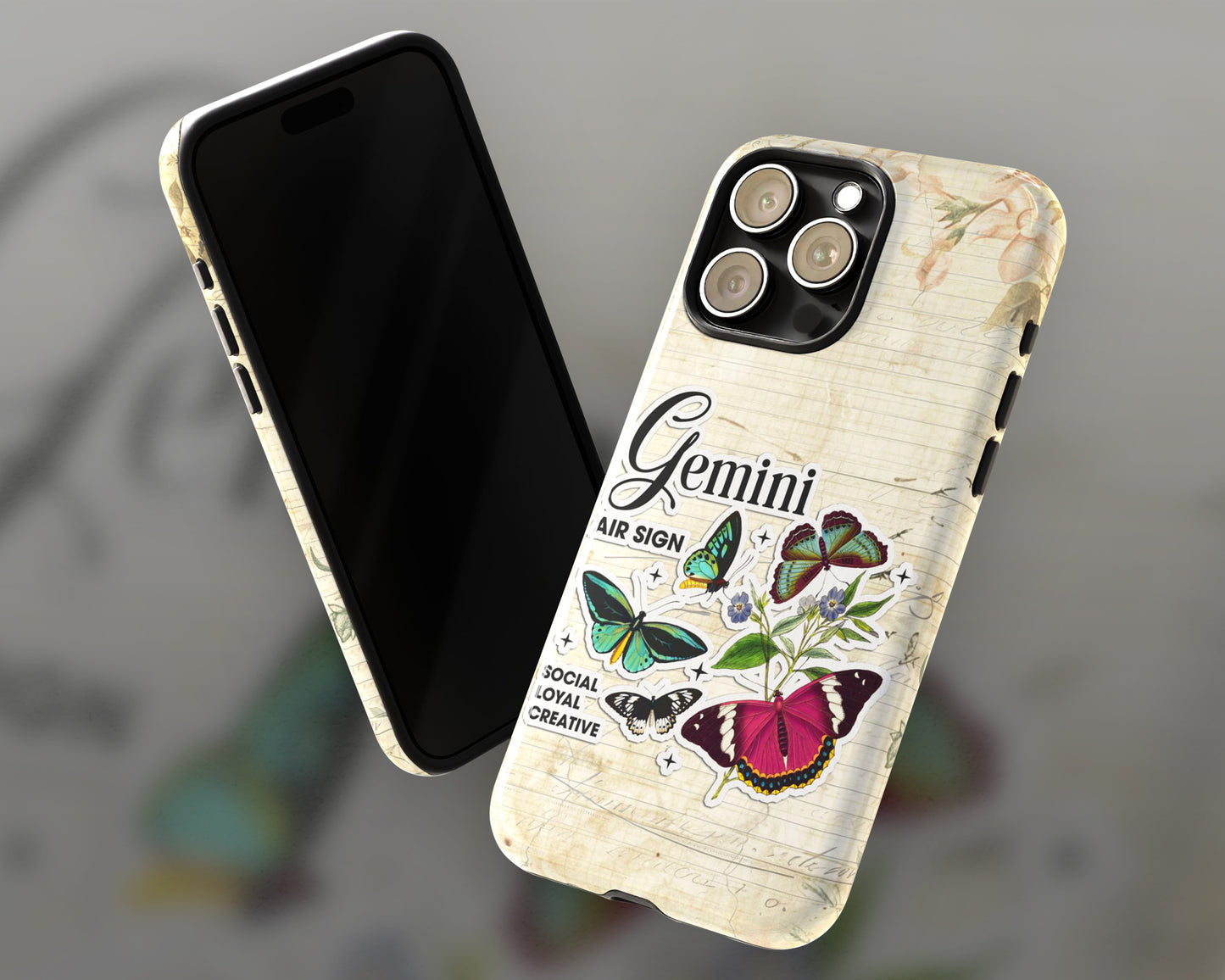 Gemini Zodiac sign vintage scrapbook with butterfly stickers iPhone case