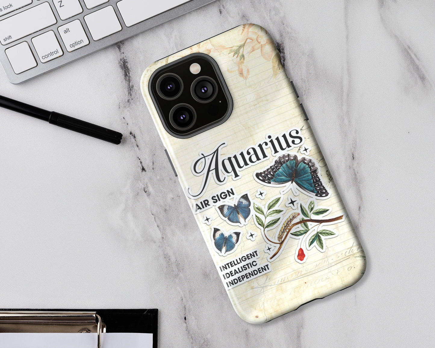 Aquarius Zodiac sign vintage scrapbook with butterfly stickers iPhone case