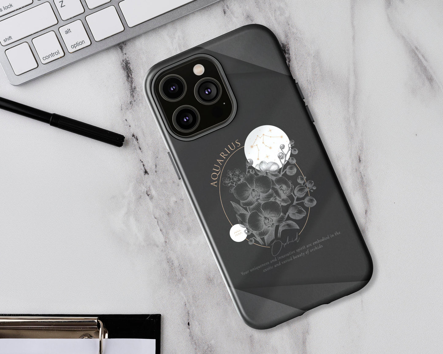 Aquarius Zodiac sign birth flowers on black papers iPhone case