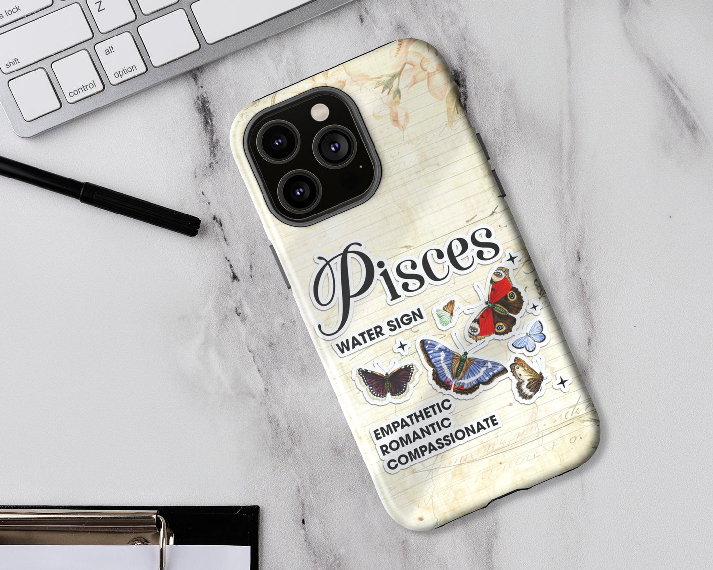 Pisces Zodiac sign vintage scrapbook with butterfly stickers iPhone case