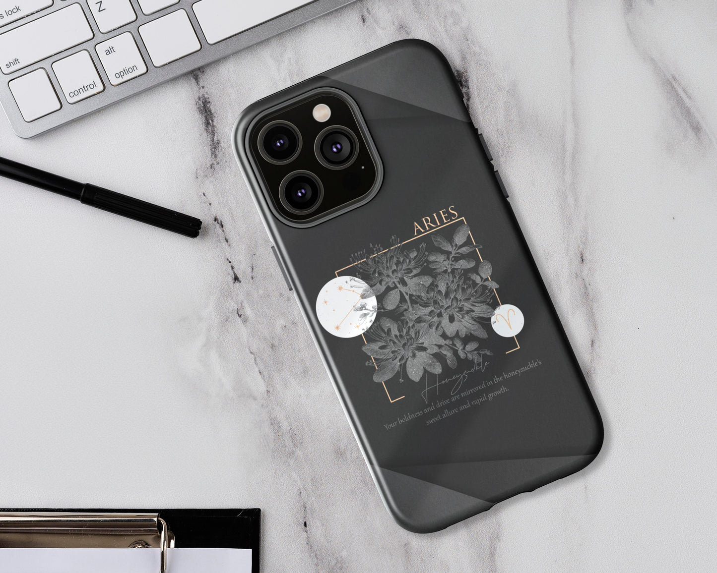 Aries Zodiac sign birth flowers on black papers iPhone case