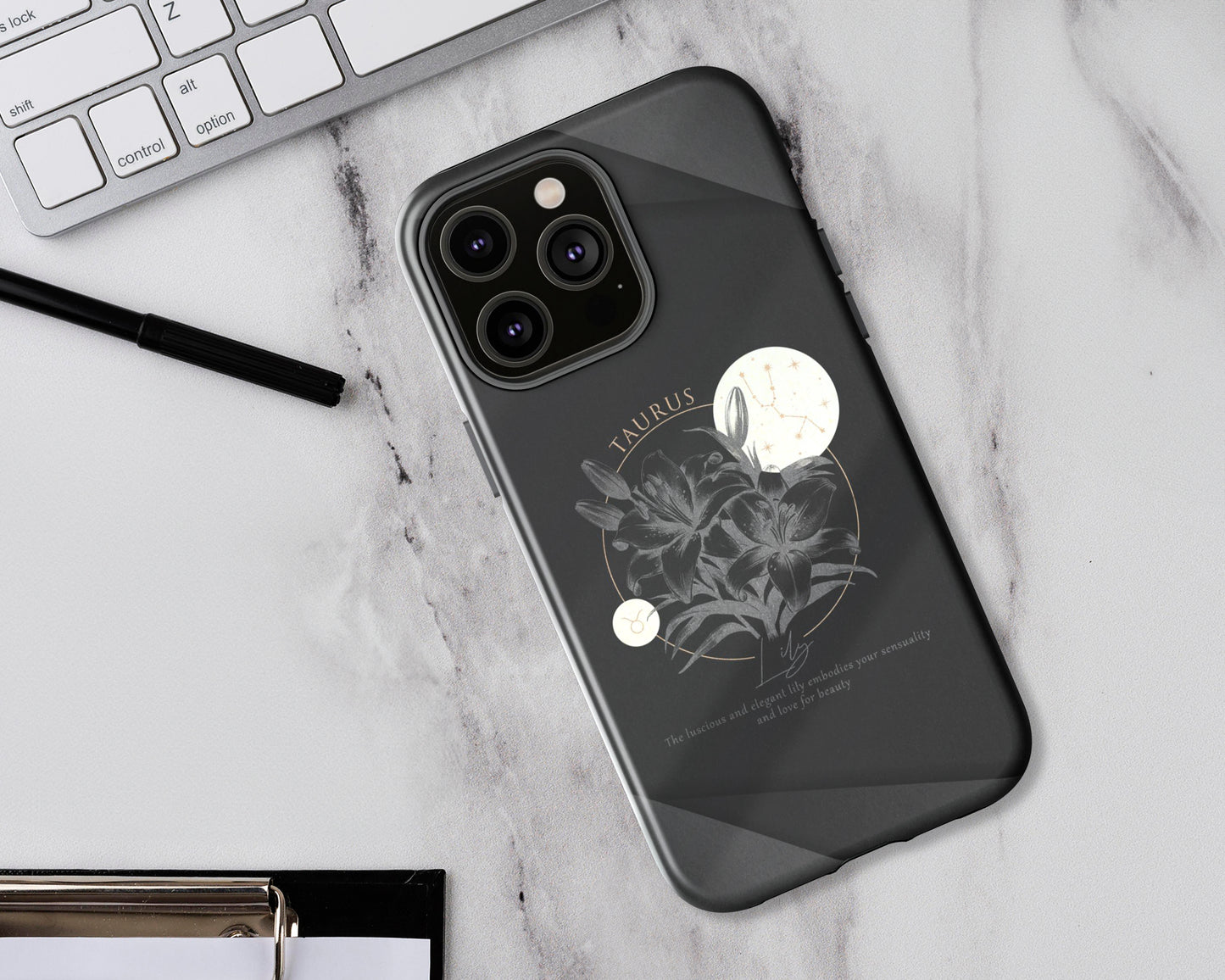 Taurus Zodiac sign birth flowers on black papers iPhone case