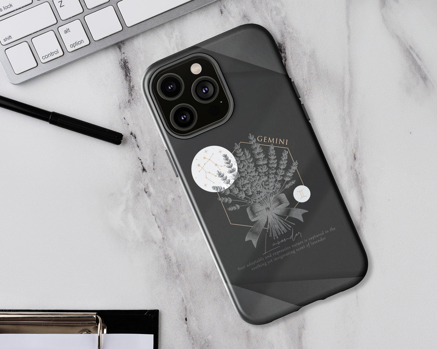 Gemini Zodiac sign birth flowers on black papers iPhone case