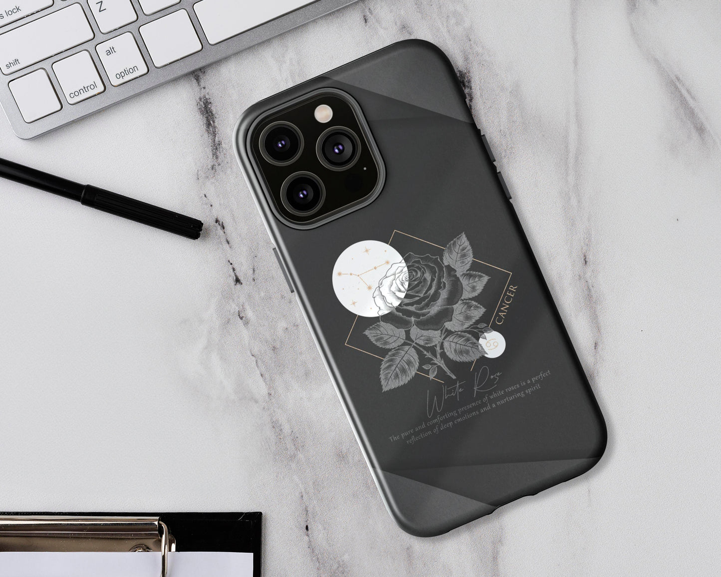 Cancer Zodiac sign birth flowers on black papers iPhone case