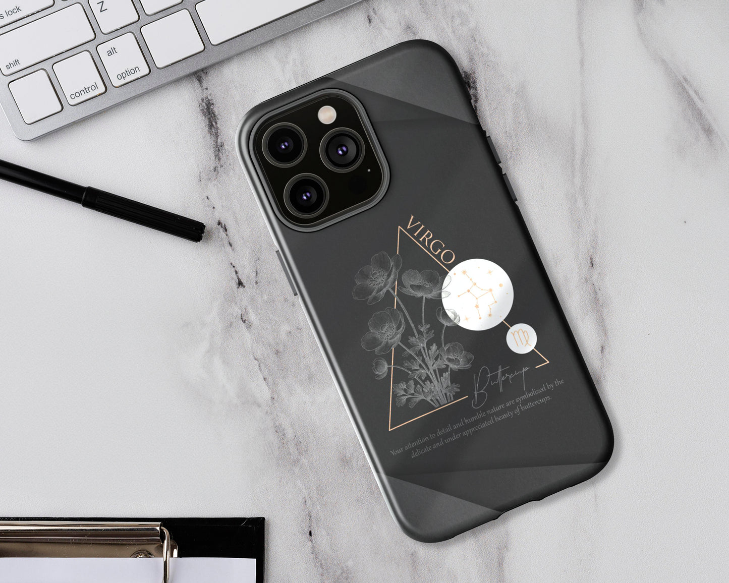 Virgo Zodiac sign birth flowers on black papers iPhone case