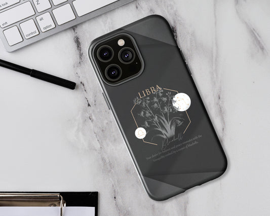 Libra Zodiac sign birth flowers on black papers iPhone case