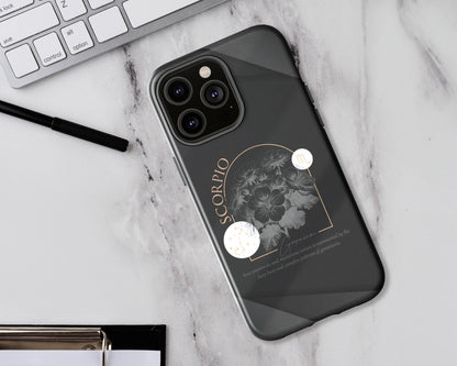 Scorpio Zodiac sign birth flowers on black papers iPhone case